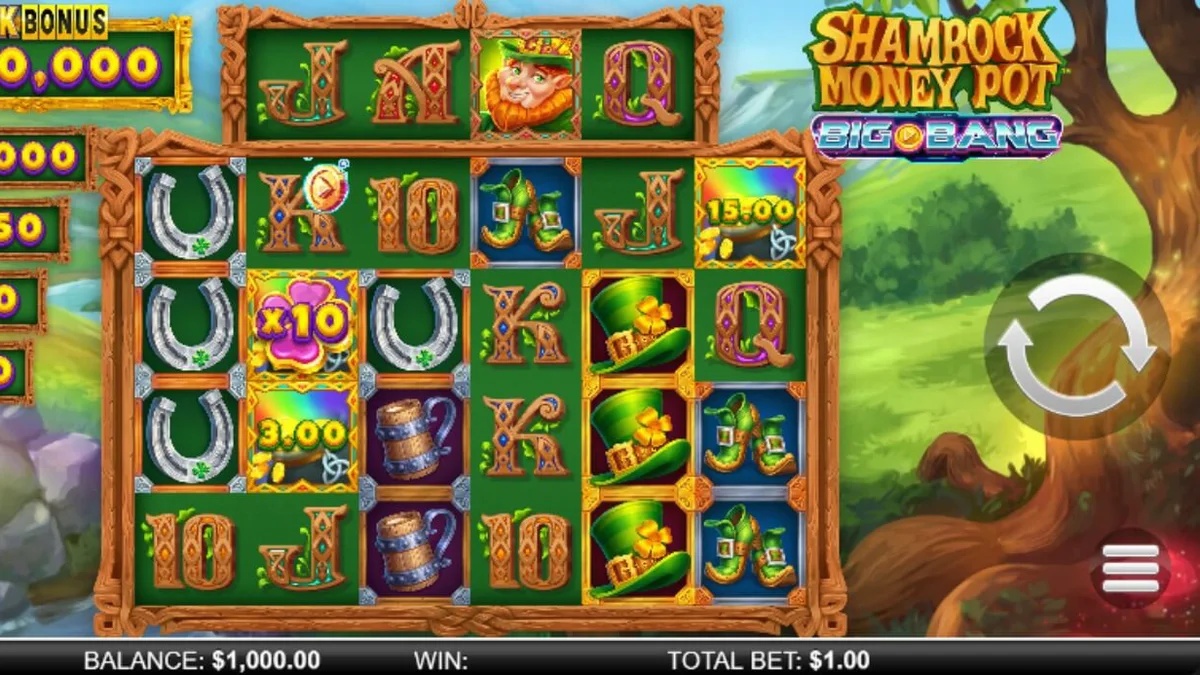 Tampilan visual slot Shamrock Money Pot Big Bang dengan latar belakang bukit hijau dan elemen kosmik.