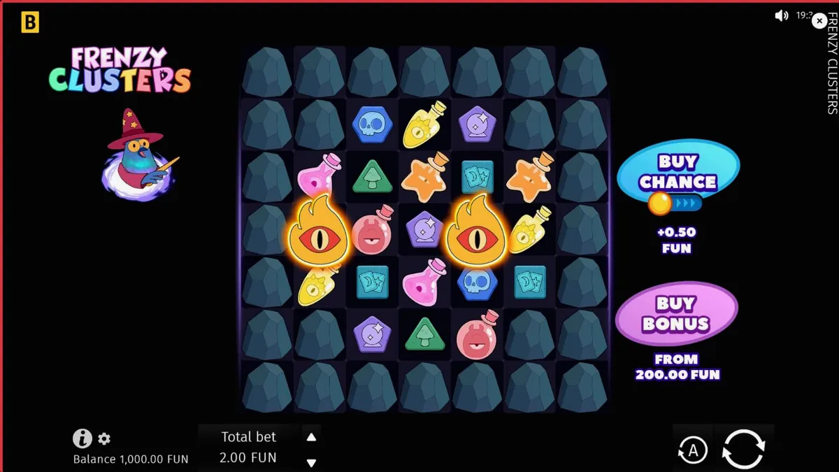 Tampilan visual slot Frenzy Clusters dengan karakter hero dan simbol potion yang berwarna-warni