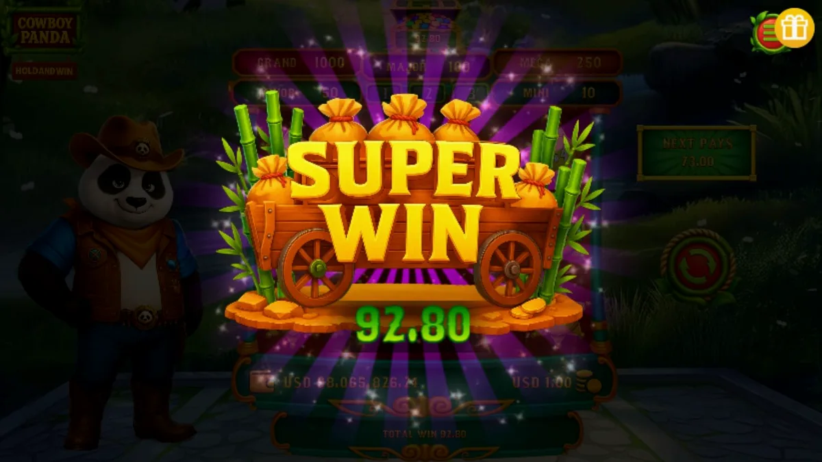 Panda koboi dalam permainan slot Cowboy Panda Hold & Spin